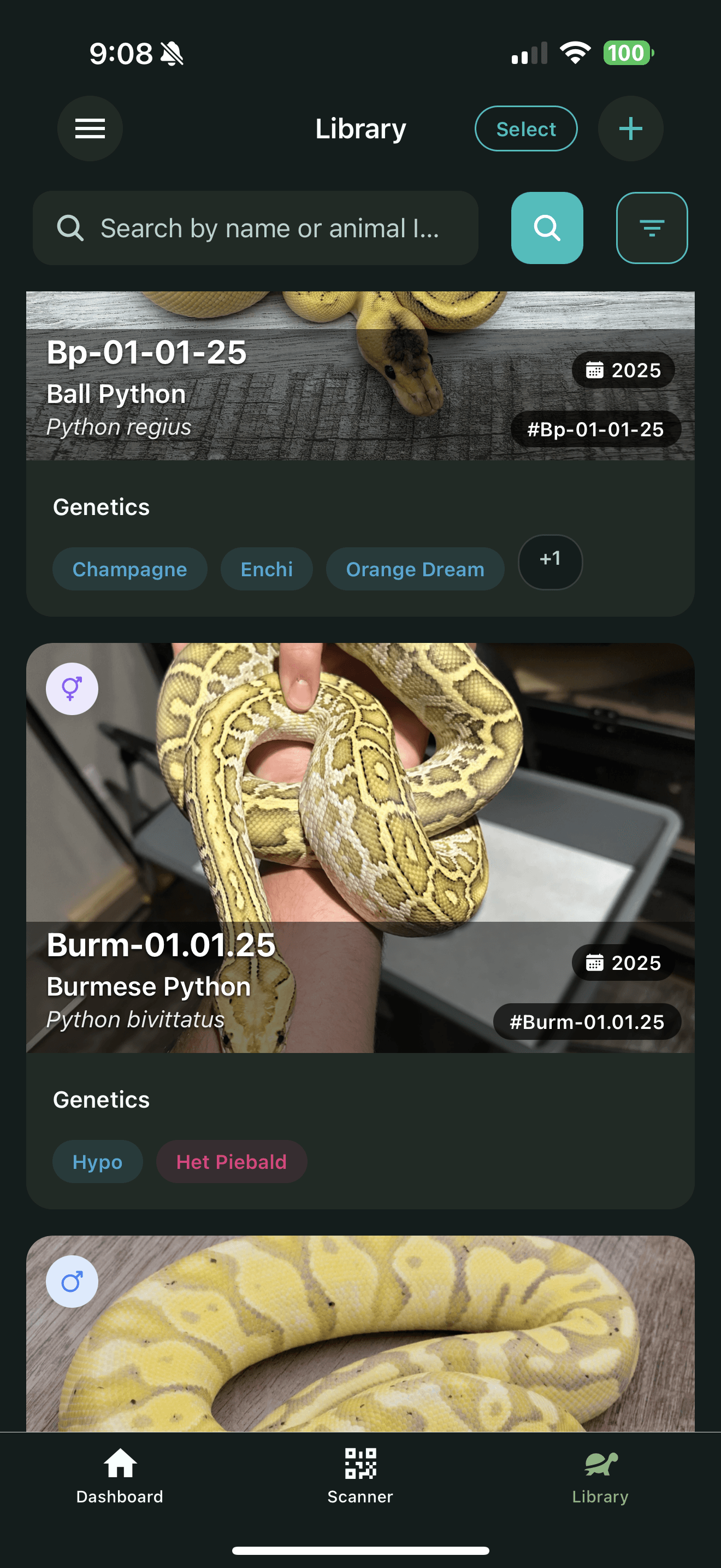 Animal Library screen in the Scutely app